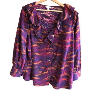 Terra & Sky Boho Ruffled Long-Sleeved Top Colorful Flowy Button-Down Size 0X 14W